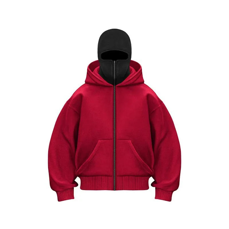Y2K Gothic Balaclava Double Hooded Sweatshirt for Men & Women – Harajuku Streetwear Mask Hoodie with Zipper | Winter Warm Sportswear Pullover