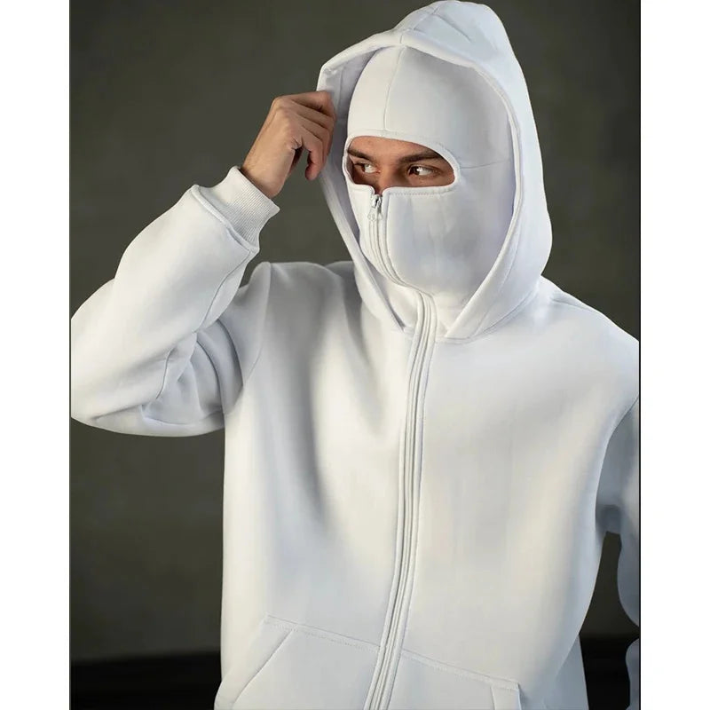 Y2K Gothic Balaclava Double Hooded Sweatshirt for Men & Women – Harajuku Streetwear Mask Hoodie with Zipper | Winter Warm Sportswear Pullover