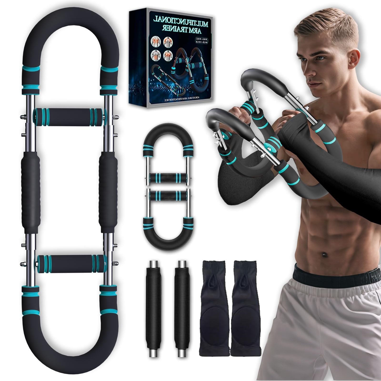 Adjustable Twister Arm Trainer - 9 Levels Chest Workout Equipment for Men, Upper Body Power Bar with Foam Wrist Sleeves, Portable Muscle Trainer for Home Gym