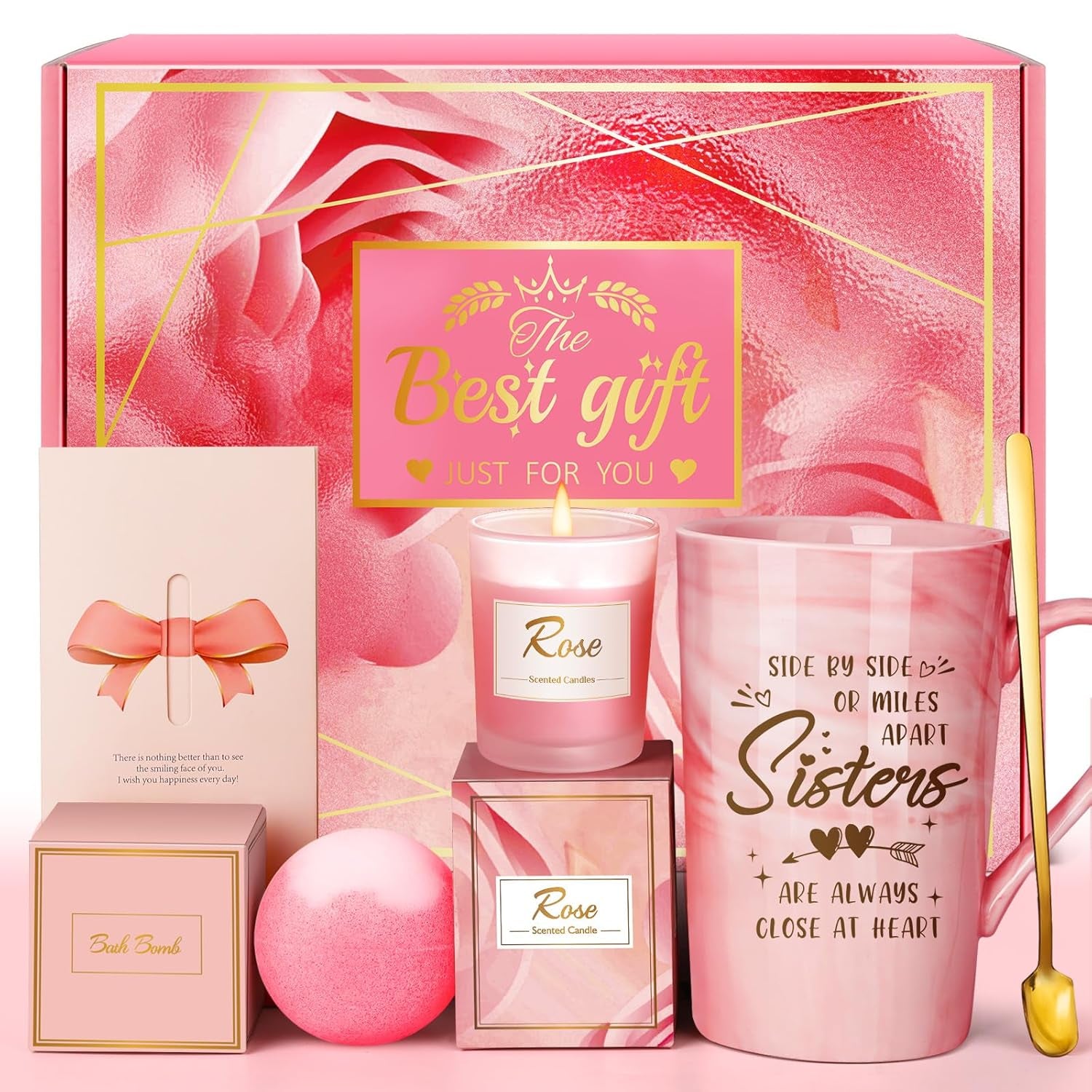 Birthday Gifts for Women Self Care Spa Gift Basket, Pink Relaxation Set with Mug, Candle & Bath Bombs – Perfect for Mom, Sister, Wife, Girlfriend & Friends