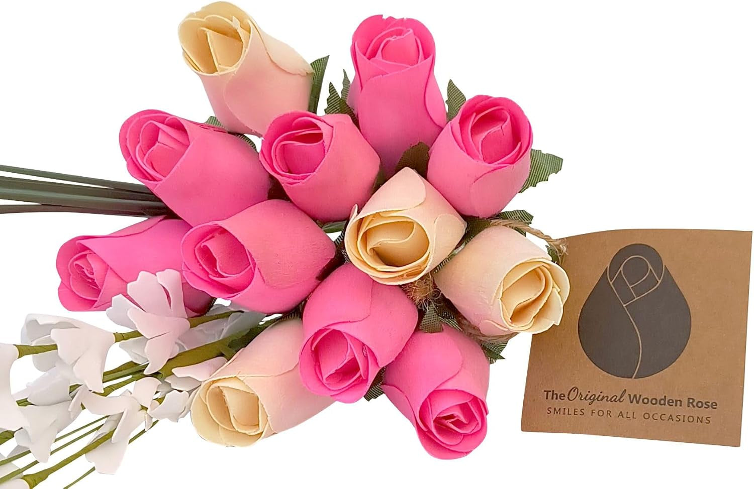 2 Dozen Gender Reveal Wooden Roses - Pink, Blue & White Closed Bud Bouquet, Everlasting Artificial Flowers for Baby Shower Decor & Centerpieces, Hand-Assembled