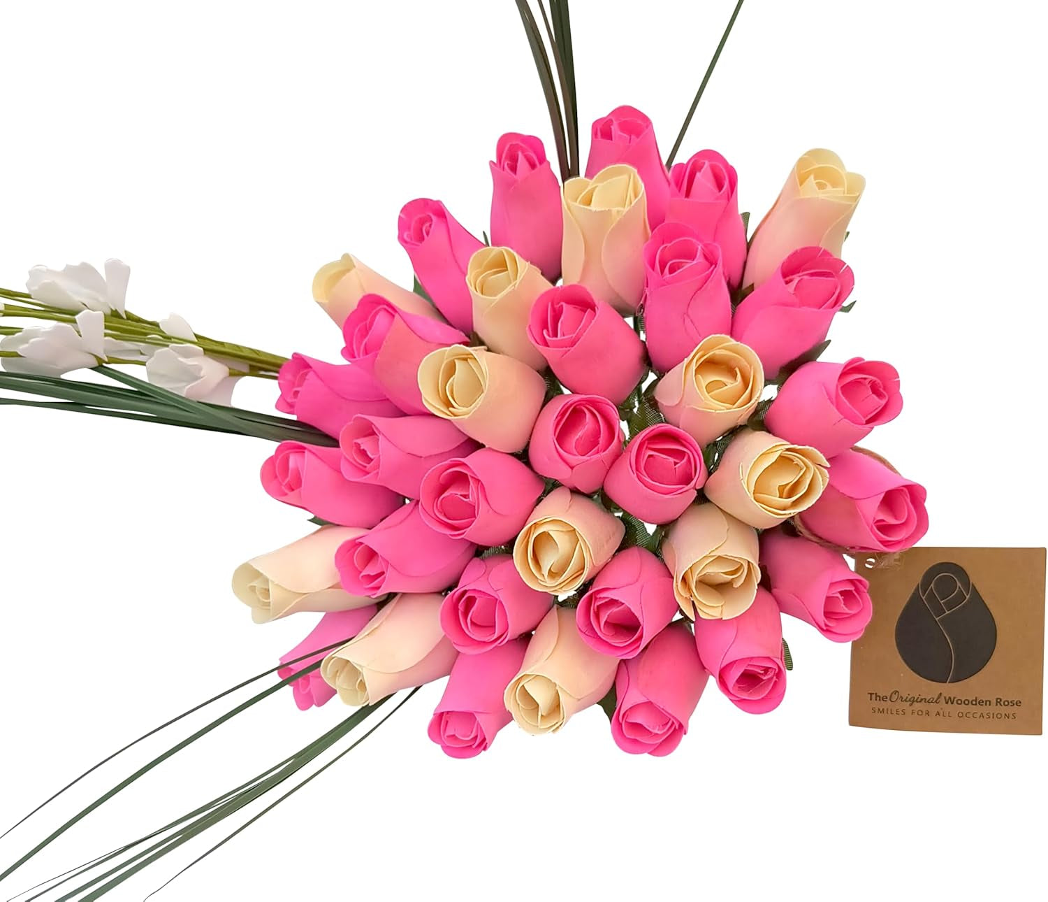 2 Dozen Gender Reveal Wooden Roses - Pink, Blue & White Closed Bud Bouquet, Everlasting Artificial Flowers for Baby Shower Decor & Centerpieces, Hand-Assembled