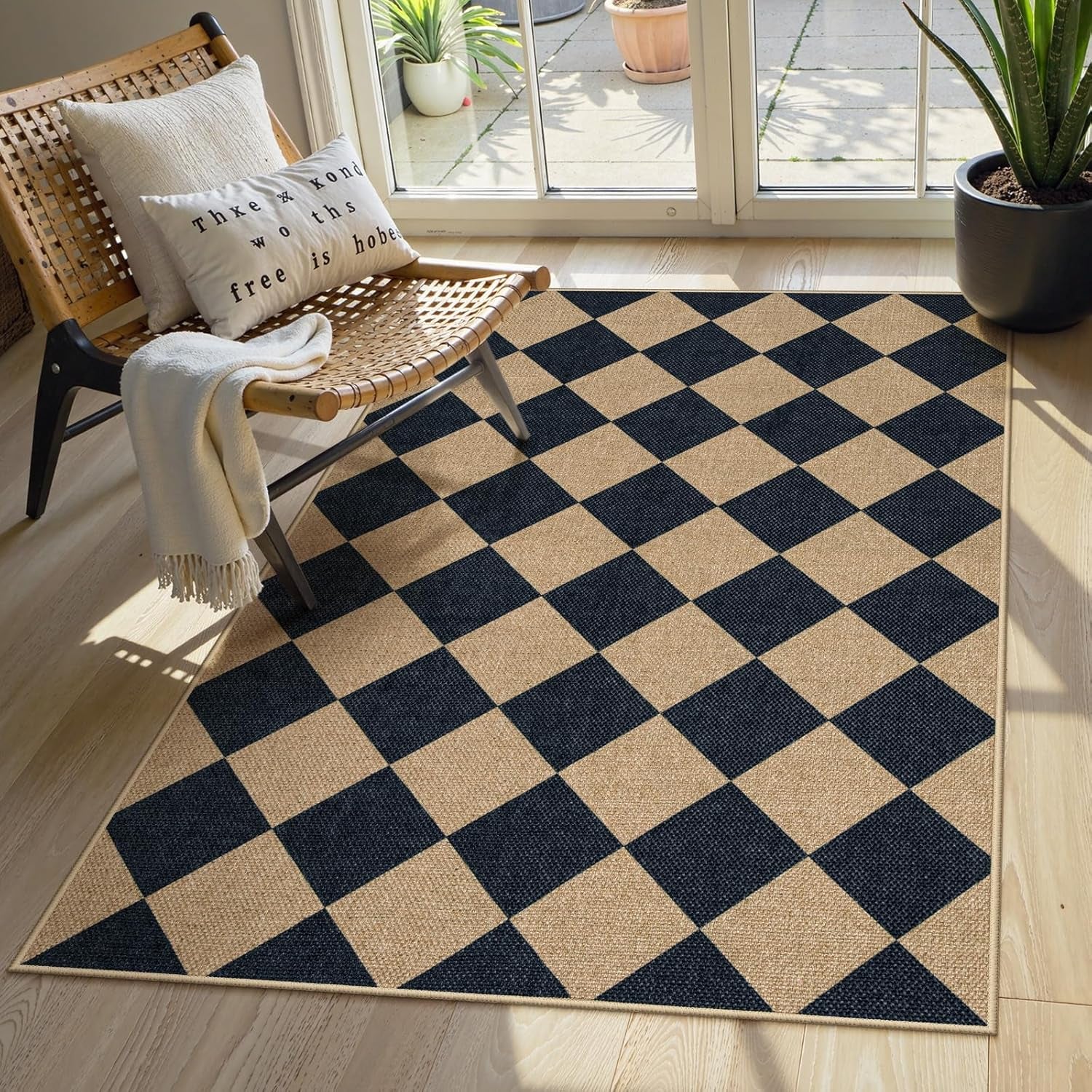 Checkered 2x6 Runner Rug - Washable Black Checkerboard Kitchen Mat, Non-Slip Indoor Outdoor Hallway Carpet, Low Pile Entryway Rug for Laundry & Mudroom