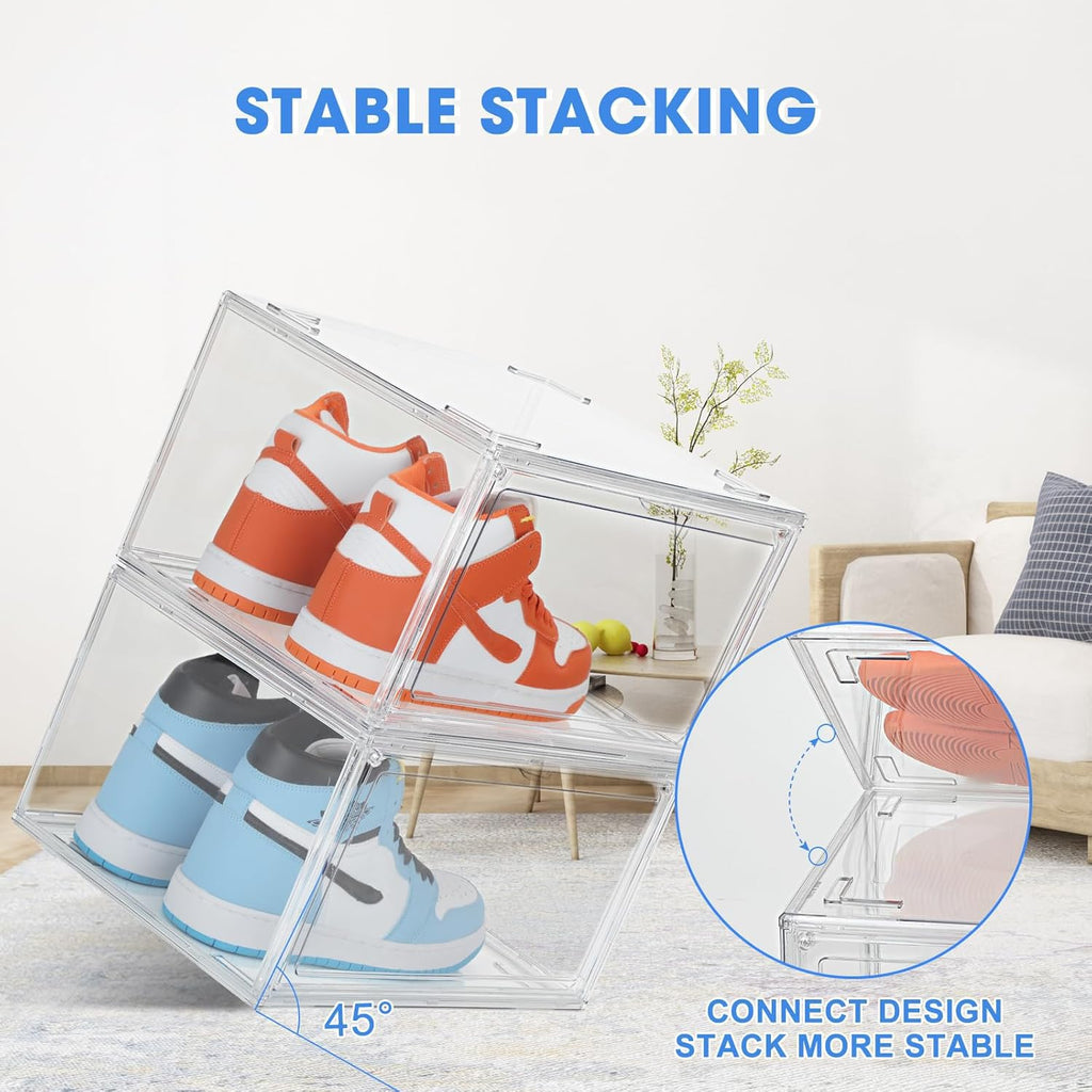 Stackable Acrylic Shoe Display Case - Clear Sneaker Storage Box with Magnetic Door, Fits Size 14 High Tops & Heels, 360° View Dustproof Closet Organizer (1-Pack)