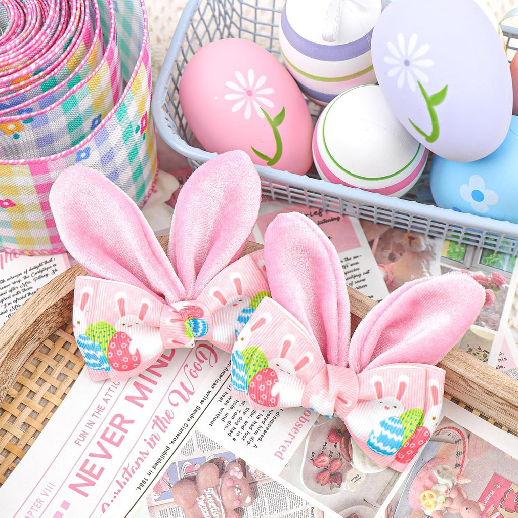 Easter Bunny Ears Hair Bow Clips - 2Pcs Pink Rabbit & Carrot Hairpins for Girls, Cute Handmade Holiday Hair Accessories for Easter Egg Hunts, Parties & Gifts