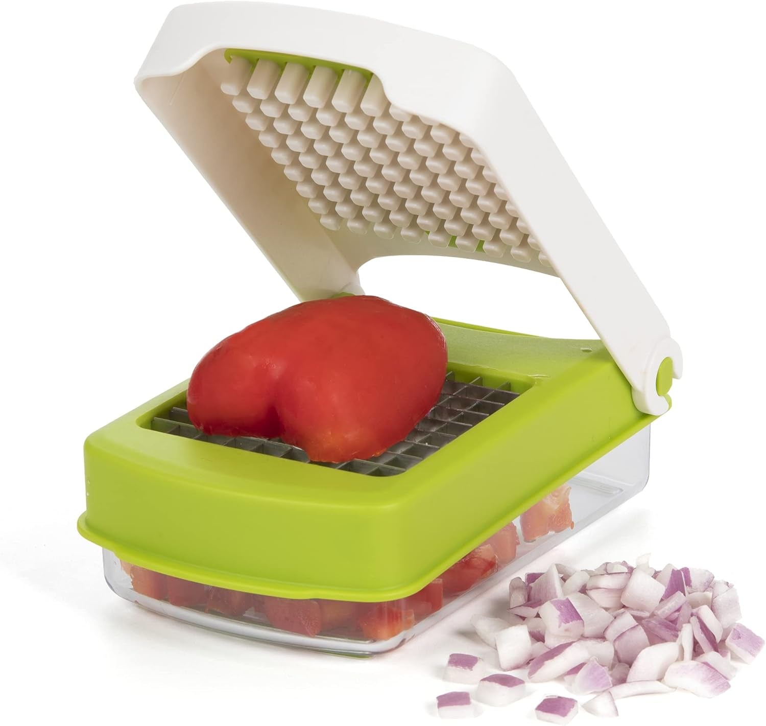PrepWorks Compact Veggie Chopper - Manual Vegetable Dicer with Stainless Steel Blades, 2-Cup Measuring Container & Non-Skid Base, BPA-Free Kitchen Slicer, Green