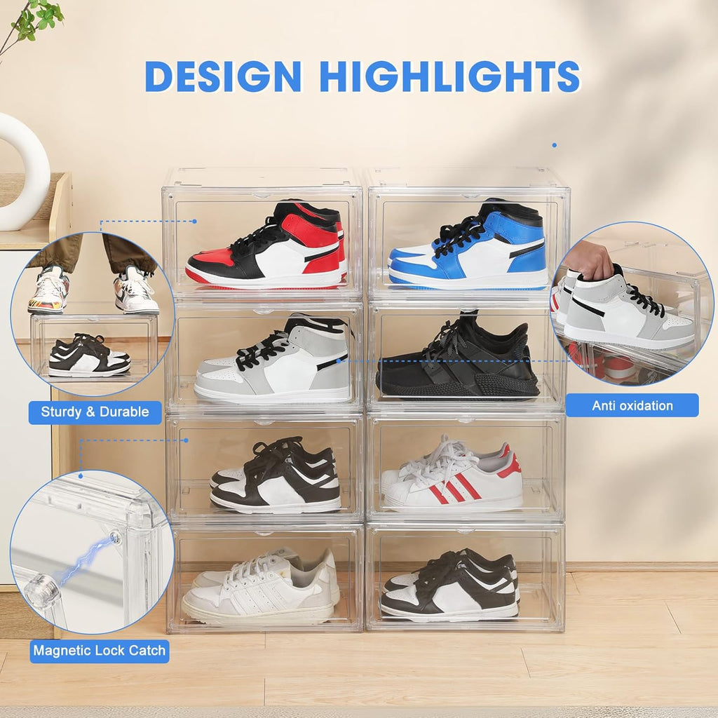 Stackable Acrylic Shoe Display Case - Clear Sneaker Storage Box with Magnetic Door, Fits Size 14 High Tops & Heels, 360° View Dustproof Closet Organizer (1-Pack)