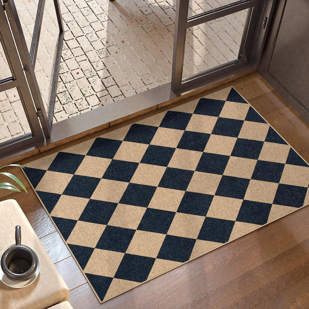 Checkered 2x6 Runner Rug - Washable Black Checkerboard Kitchen Mat, Non-Slip Indoor Outdoor Hallway Carpet, Low Pile Entryway Rug for Laundry & Mudroom