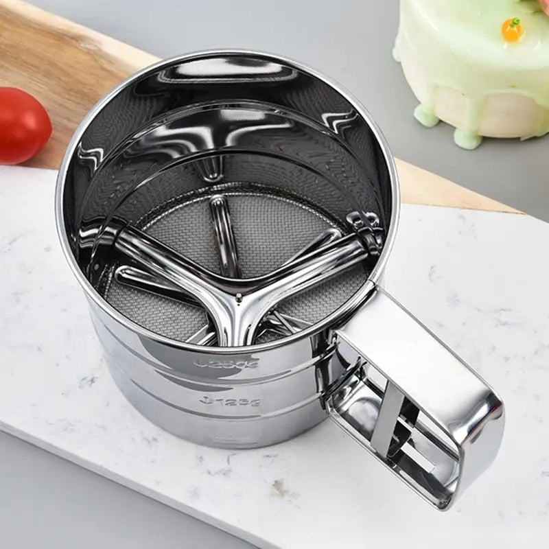 Stainless Steel Flour Sifter for Baking – Fine Mesh Powder Sugar Shaker with Hand Press Design | Professional Kitchen Tool for Smooth, Lump-Free Flour
