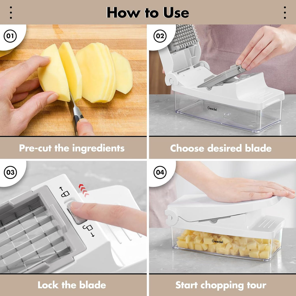 4-in-1 Vegetable Chopper Pro - Onion Dicer & Kitchen Slicer with 1.2L Container, Stainless Steel Manual Food Cutter for Salad, Potato & Carrot, BPA-Free, White