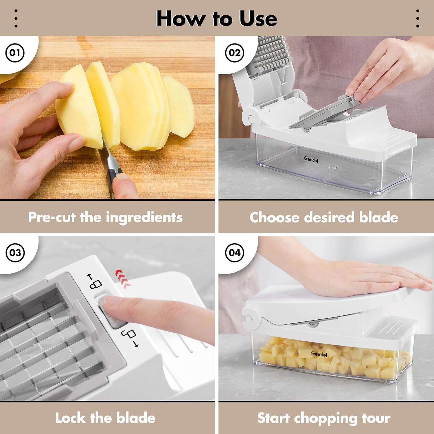 4-in-1 Vegetable Chopper Pro - Onion Dicer & Kitchen Slicer with 1.2L Container, Stainless Steel Manual Food Cutter for Salad, Potato & Carrot, BPA-Free, White