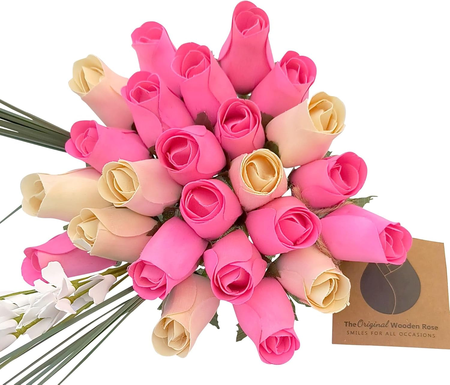 2 Dozen Gender Reveal Wooden Roses - Pink, Blue & White Closed Bud Bouquet, Everlasting Artificial Flowers for Baby Shower Decor & Centerpieces, Hand-Assembled