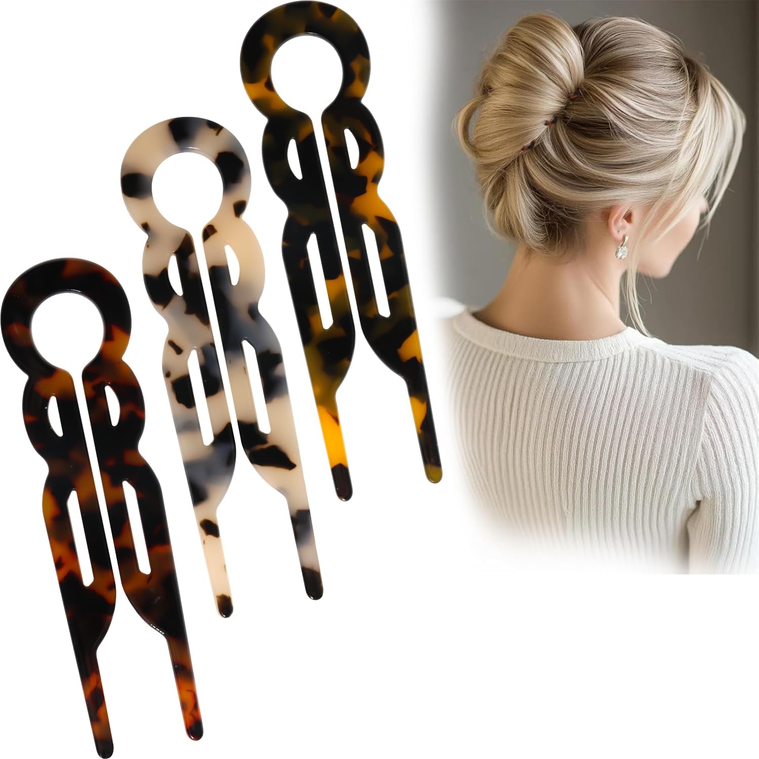 Prestige French Hair Pins Set of 3, Elegant Acetate Hair Clips for Women, Non-Slip Updo Hair Accessories for Thin Thick Hair, Everyday & Special Occasions
