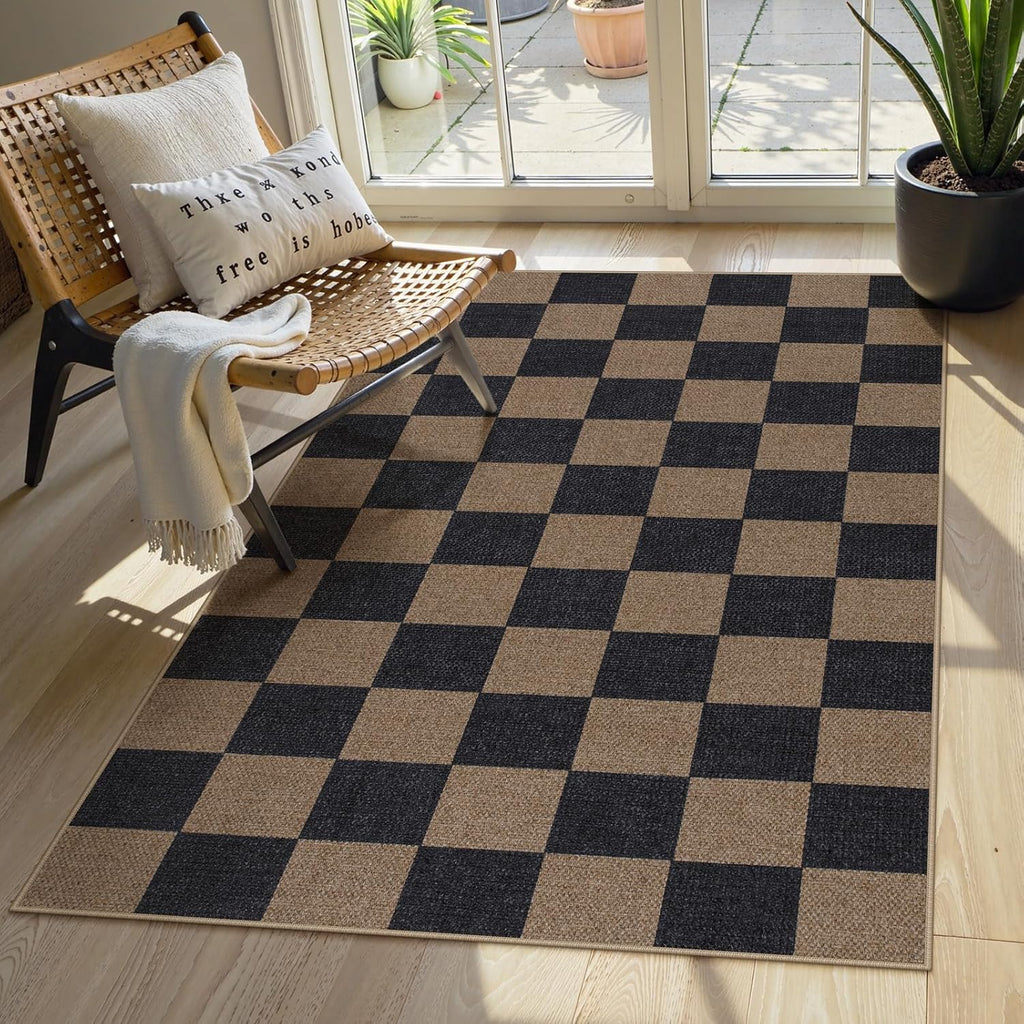 Checkered 2x6 Runner Rug - Washable Black Checkerboard Kitchen Mat, Non-Slip Indoor Outdoor Hallway Carpet, Low Pile Entryway Rug for Laundry & Mudroom