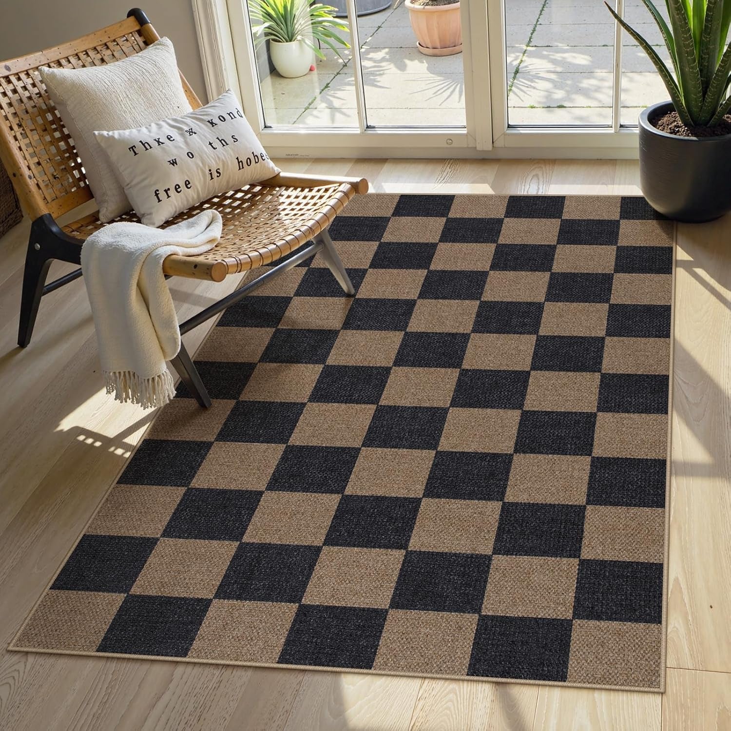 Checkered 2x6 Runner Rug - Washable Black Checkerboard Kitchen Mat, Non-Slip Indoor Outdoor Hallway Carpet, Low Pile Entryway Rug for Laundry & Mudroom