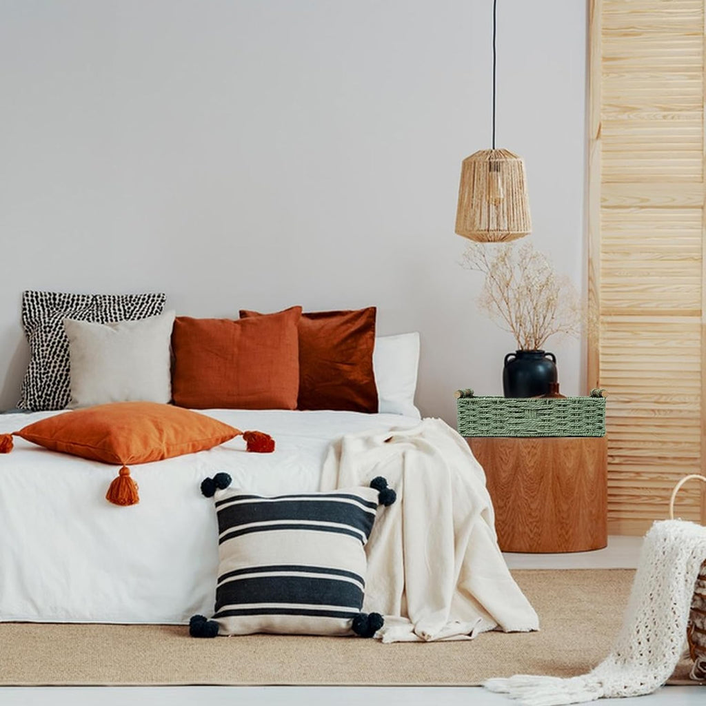 Handmade Round Paper Rope Storage Basket - Wicker Toilet Paper Holder for Tank Top, Decorative Green Woven Tray with Handles for Bathroom, Kitchen & Countertop