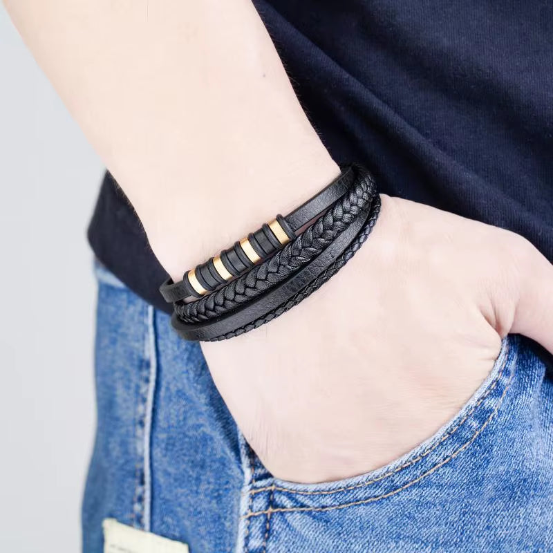 Men’s Classic Multilayer Leather Bracelet – Stylish Braided Wristband with Metal Magnetic Clasp | Fashion Accessory & Gift for Modern Gentlemen