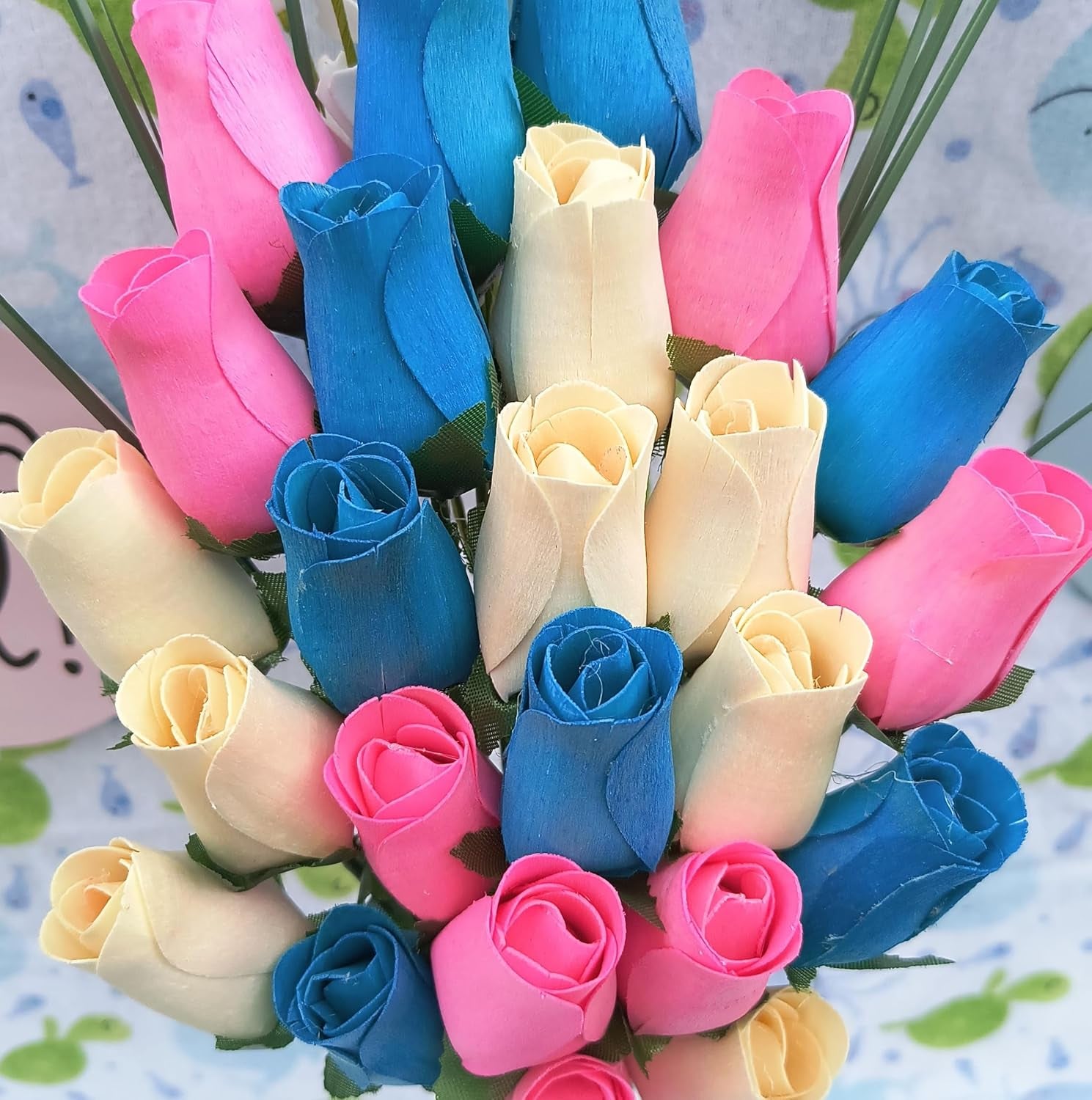 2 Dozen Gender Reveal Wooden Roses - Pink, Blue & White Closed Bud Bouquet, Everlasting Artificial Flowers for Baby Shower Decor & Centerpieces, Hand-Assembled
