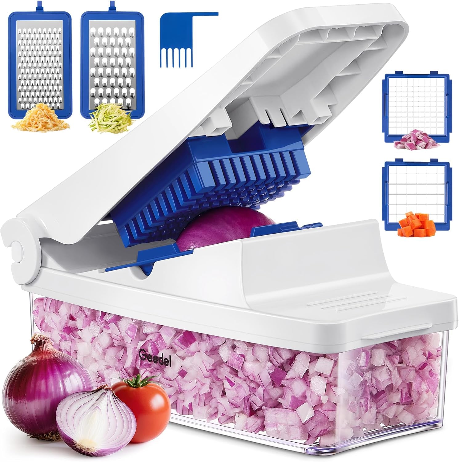 4-in-1 Vegetable Chopper Pro - Onion Dicer & Kitchen Slicer with 1.2L Container, Stainless Steel Manual Food Cutter for Salad, Potato & Carrot, BPA-Free, White
