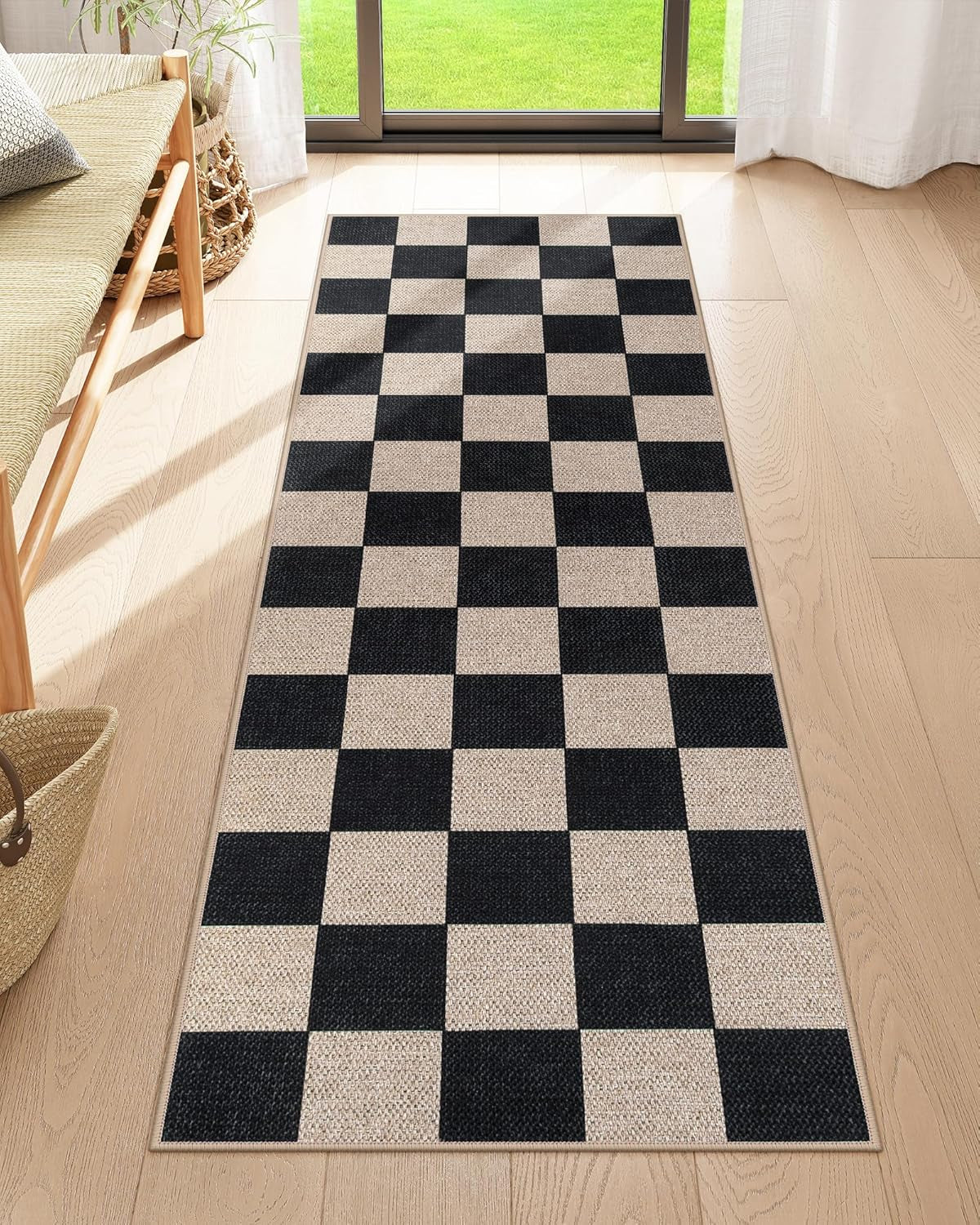 Checkered 2x6 Runner Rug - Washable Black Checkerboard Kitchen Mat, Non-Slip Indoor Outdoor Hallway Carpet, Low Pile Entryway Rug for Laundry & Mudroom