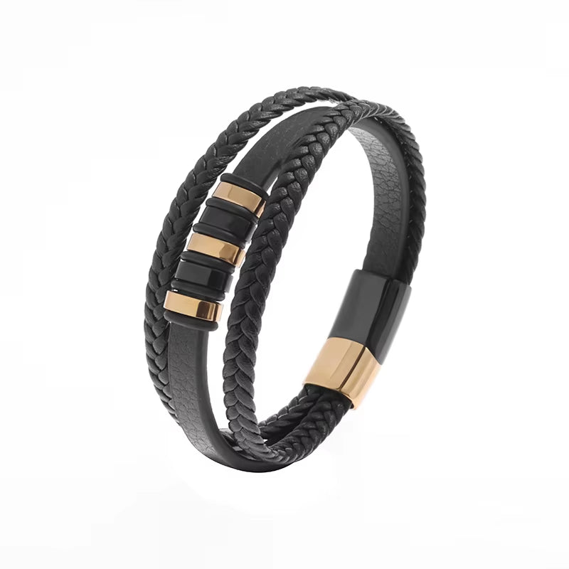 Men’s Classic Multilayer Leather Bracelet – Stylish Braided Wristband with Metal Magnetic Clasp | Fashion Accessory & Gift for Modern Gentlemen