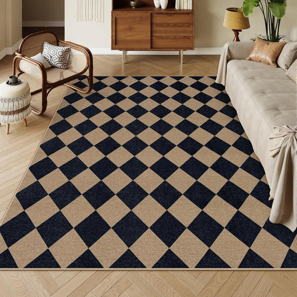 Checkered 2x6 Runner Rug - Washable Black Checkerboard Kitchen Mat, Non-Slip Indoor Outdoor Hallway Carpet, Low Pile Entryway Rug for Laundry & Mudroom