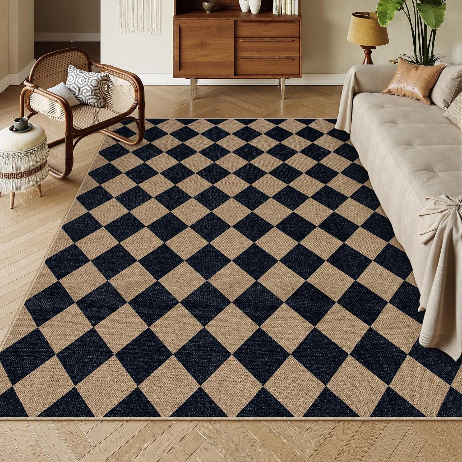 Checkered 2x6 Runner Rug - Washable Black Checkerboard Kitchen Mat, Non-Slip Indoor Outdoor Hallway Carpet, Low Pile Entryway Rug for Laundry & Mudroom