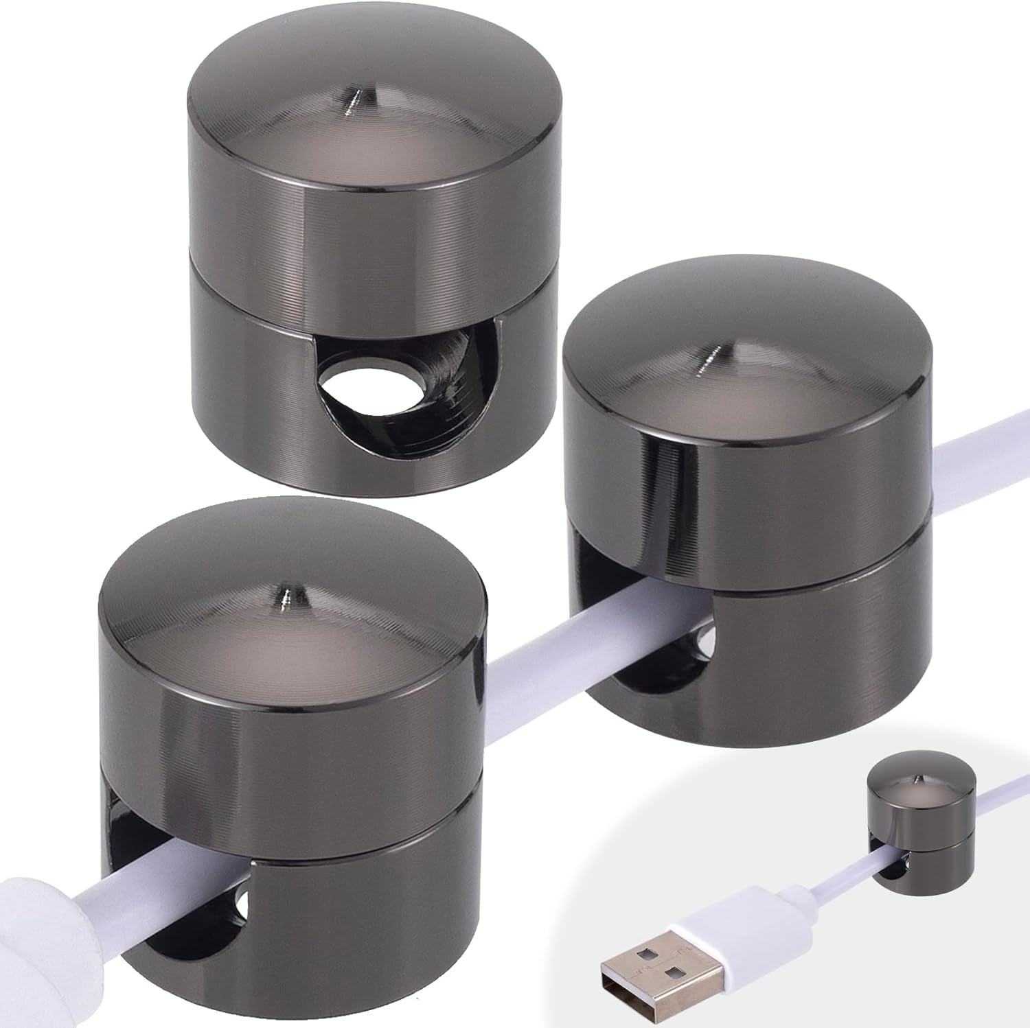 3Pcs Aluminum Cable Anchors - Gun Metal Adjustable Cord Holder, Heavy-Duty Adhesive Wire Organizer for Desk & Nightstand, Pro Charger Cable Management Clips