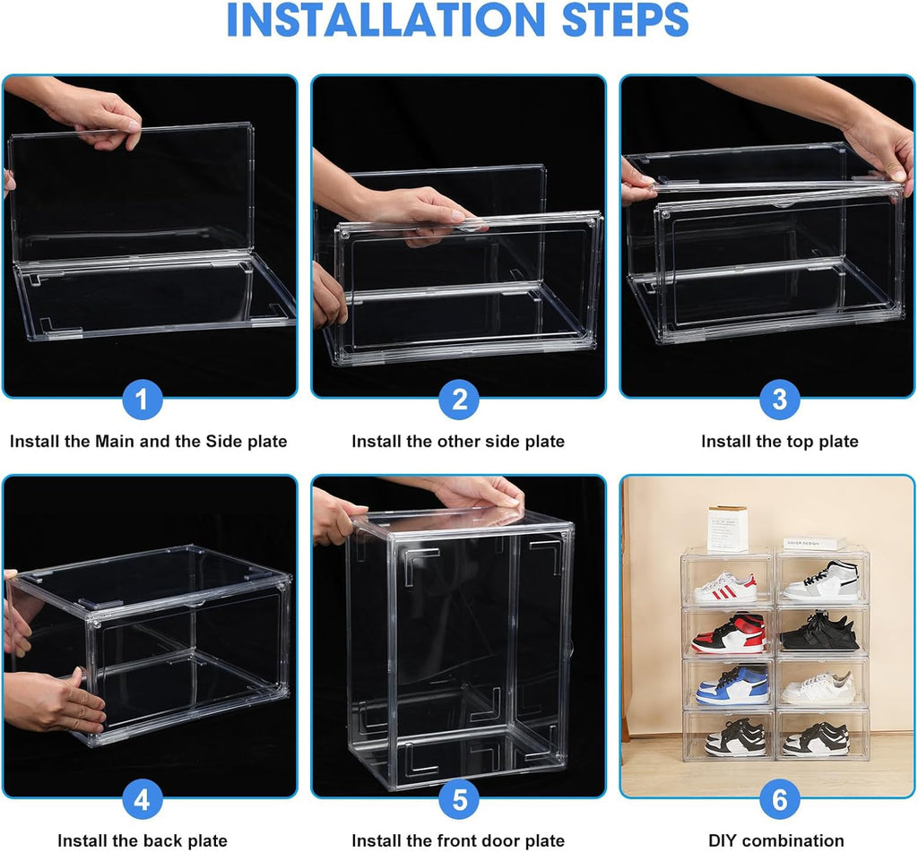 Stackable Acrylic Shoe Display Case - Clear Sneaker Storage Box with Magnetic Door, Fits Size 14 High Tops & Heels, 360° View Dustproof Closet Organizer (1-Pack)