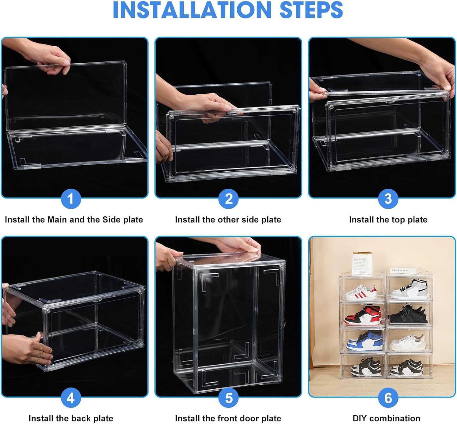 Stackable Acrylic Shoe Display Case - Clear Sneaker Storage Box with Magnetic Door, Fits Size 14 High Tops & Heels, 360° View Dustproof Closet Organizer (1-Pack)
