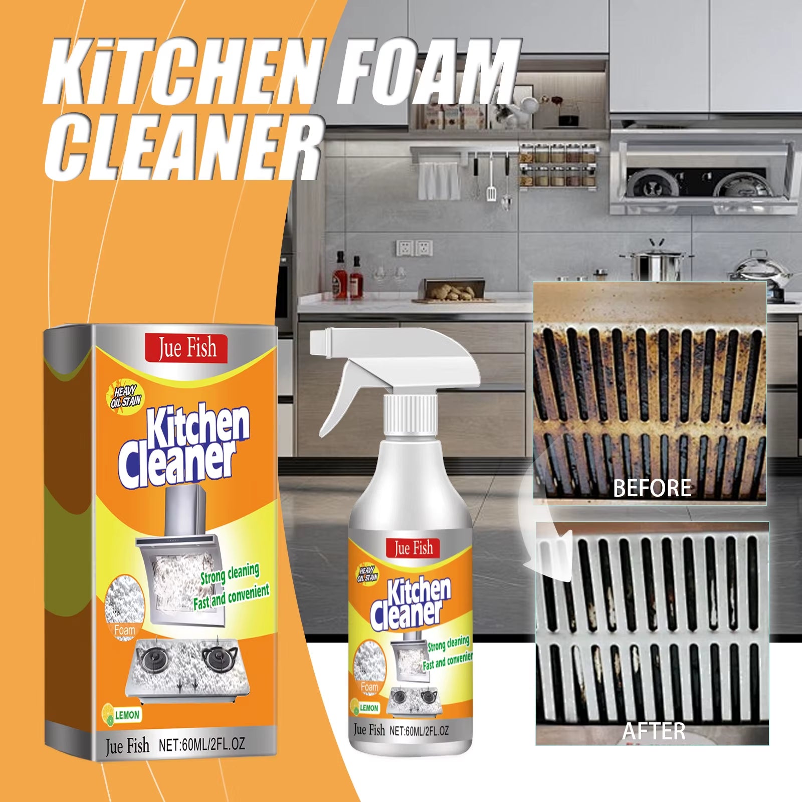 Kitchen Foam Cleaner – Heavy Oil & Grease Remover Spray for Range Hoods, Ovens, Grills & Stovetops | Powerful Degreaser for Easy Kitchen Cleaning