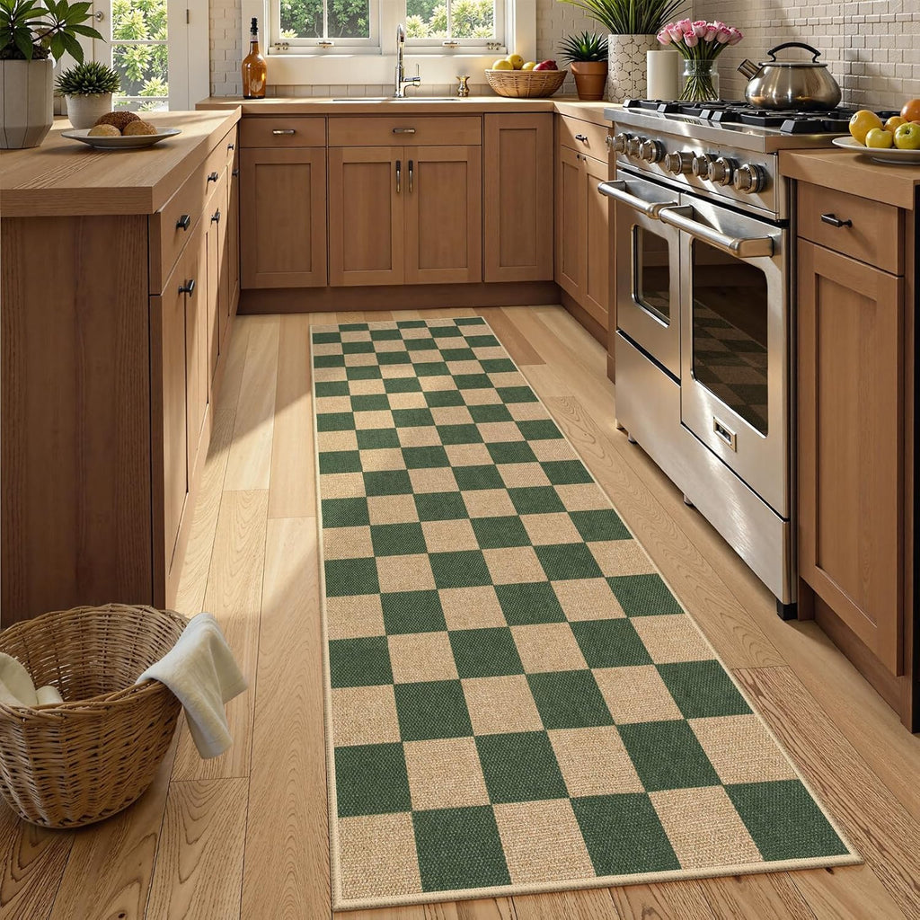 Checkered 2x6 Runner Rug - Washable Black Checkerboard Kitchen Mat, Non-Slip Indoor Outdoor Hallway Carpet, Low Pile Entryway Rug for Laundry & Mudroom