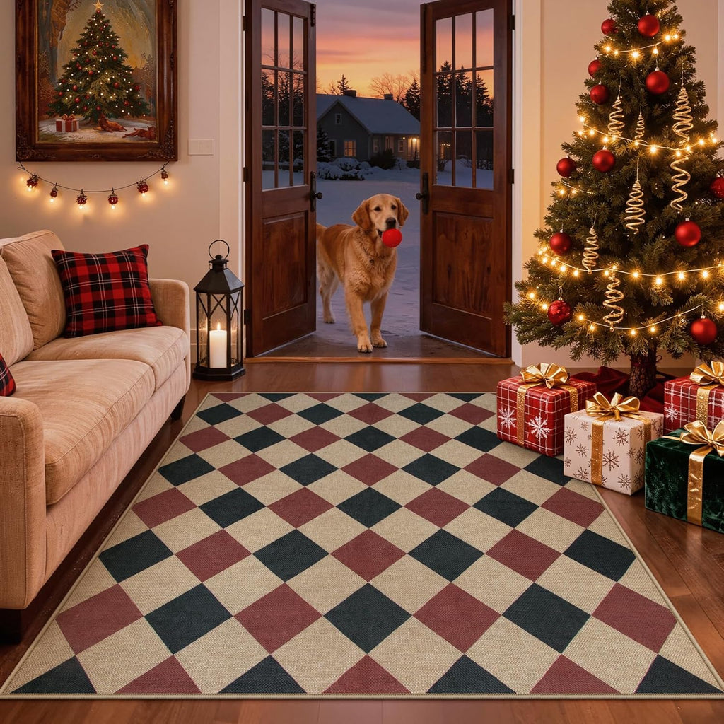 Checkered 2x6 Runner Rug - Washable Black Checkerboard Kitchen Mat, Non-Slip Indoor Outdoor Hallway Carpet, Low Pile Entryway Rug for Laundry & Mudroom