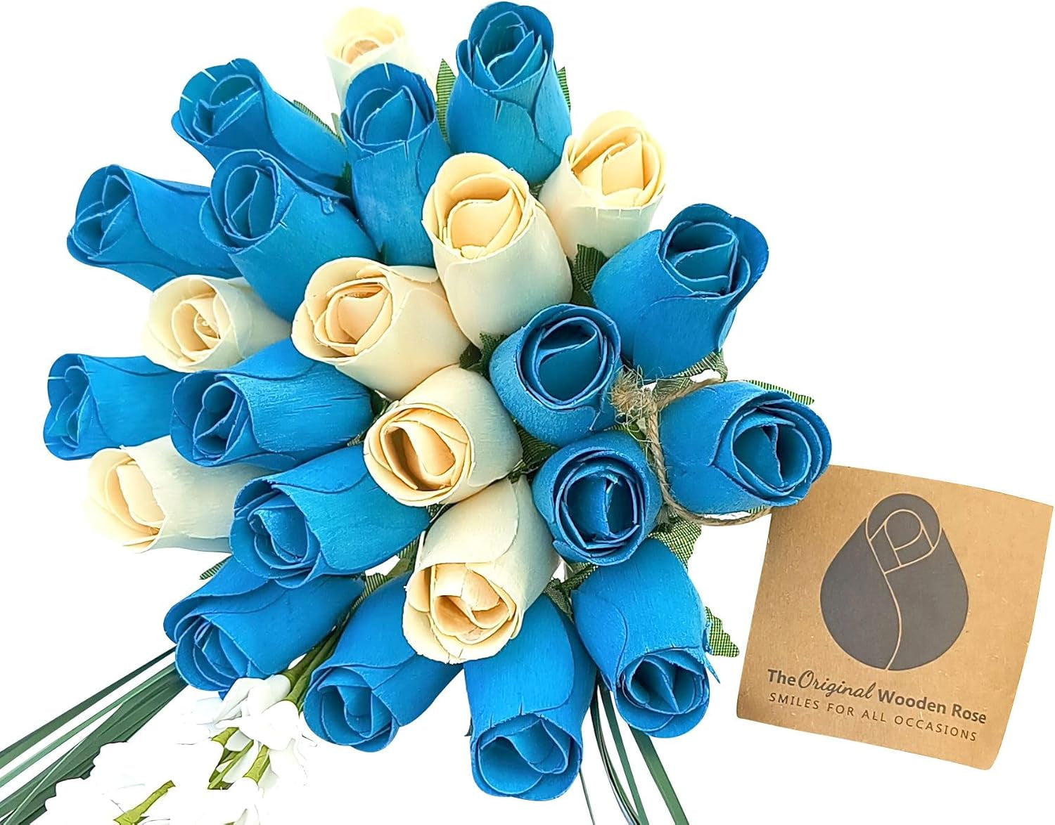 2 Dozen Gender Reveal Wooden Roses - Pink, Blue & White Closed Bud Bouquet, Everlasting Artificial Flowers for Baby Shower Decor & Centerpieces, Hand-Assembled