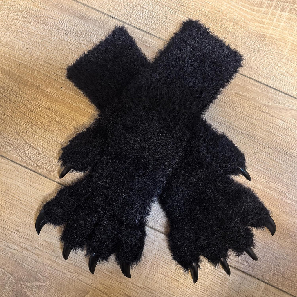 Kigurumi Fursuit Paws, Black Cosplay Costume Gloves with White Claws, Soft Plush Paw Gloves for Anime, Cosplay, Halloween, Party, Roleplay