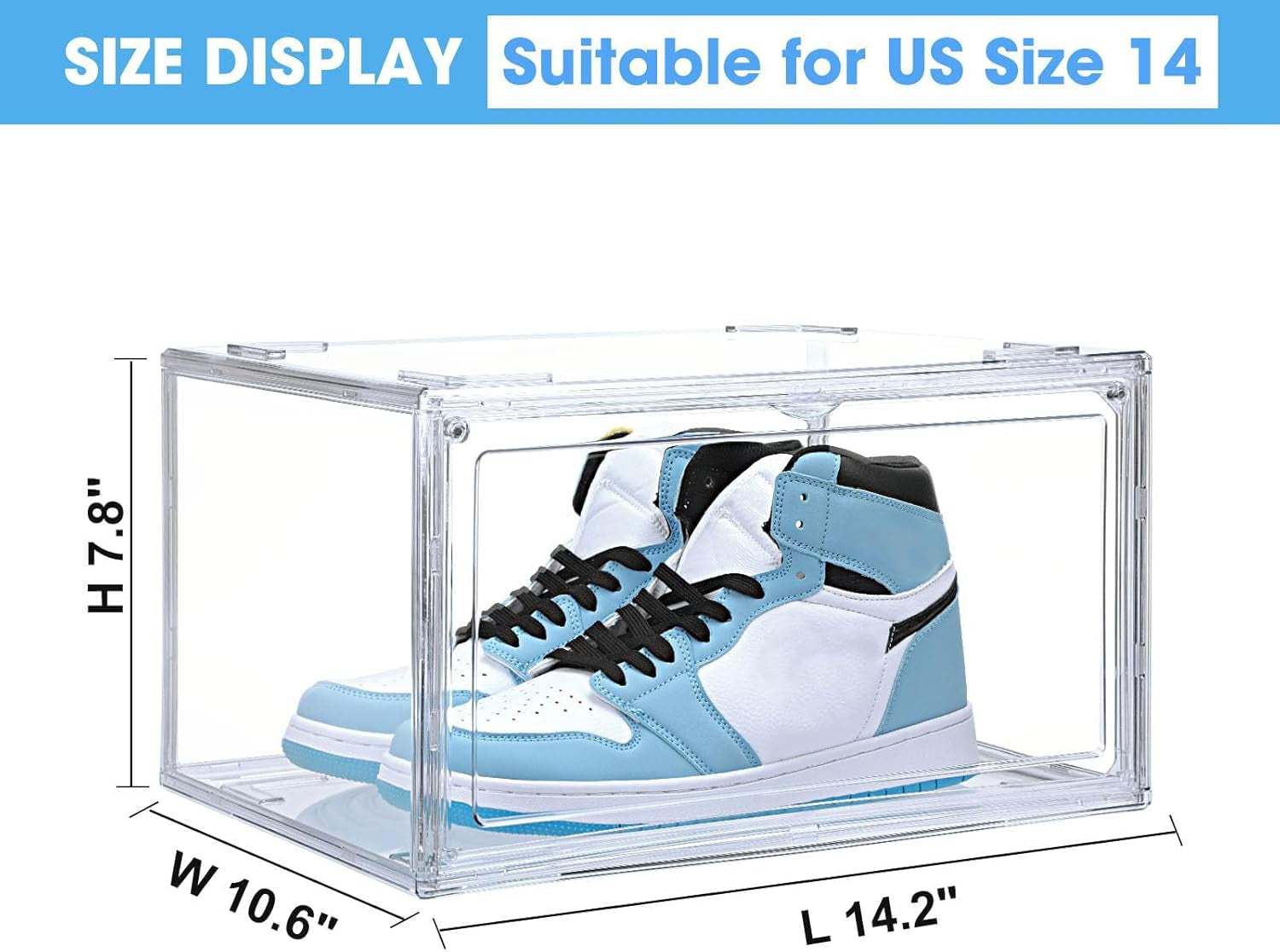 Stackable Acrylic Shoe Display Case - Clear Sneaker Storage Box with Magnetic Door, Fits Size 14 High Tops & Heels, 360° View Dustproof Closet Organizer (1-Pack)