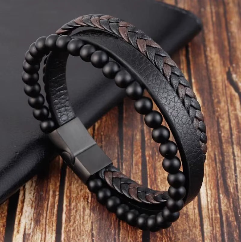 Men’s Classic Multilayer Leather Bracelet – Stylish Braided Wristband with Metal Magnetic Clasp | Fashion Accessory & Gift for Modern Gentlemen