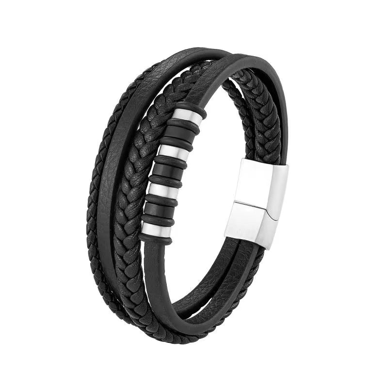 Men’s Classic Multilayer Leather Bracelet – Stylish Braided Wristband with Metal Magnetic Clasp | Fashion Accessory & Gift for Modern Gentlemen