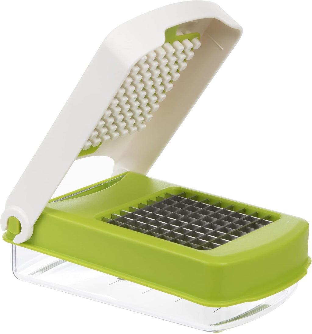 PrepWorks Compact Veggie Chopper - Manual Vegetable Dicer with Stainless Steel Blades, 2-Cup Measuring Container & Non-Skid Base, BPA-Free Kitchen Slicer, Green