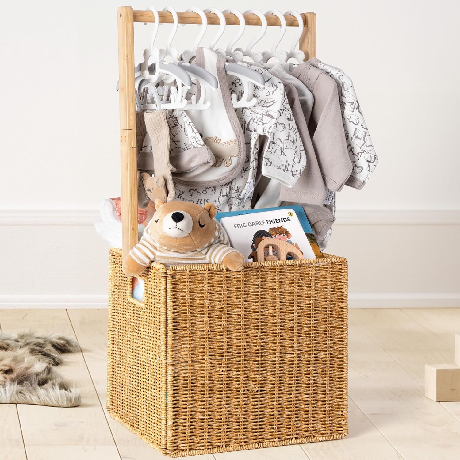 Wooden Baby Shower Crate Closet - DIY Nursery Storage Basket with Hanging Rack, Newborn Gift Hamper for Boys & Girls, Pregnancy Gift Idea for New Parents, 21"