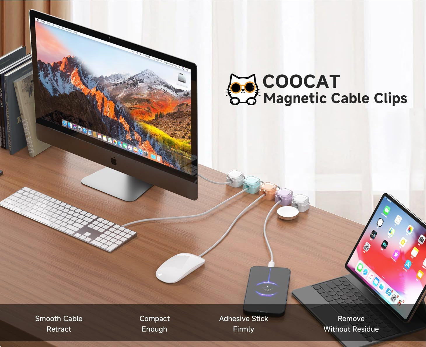 Magnetic Cable Clips 8-Pack - Adjustable Cord Holder for Desk & Nightstand, Multicolor Adhesive Wire Organizer for iPhone, PC & Car, No-Residue Cable Management