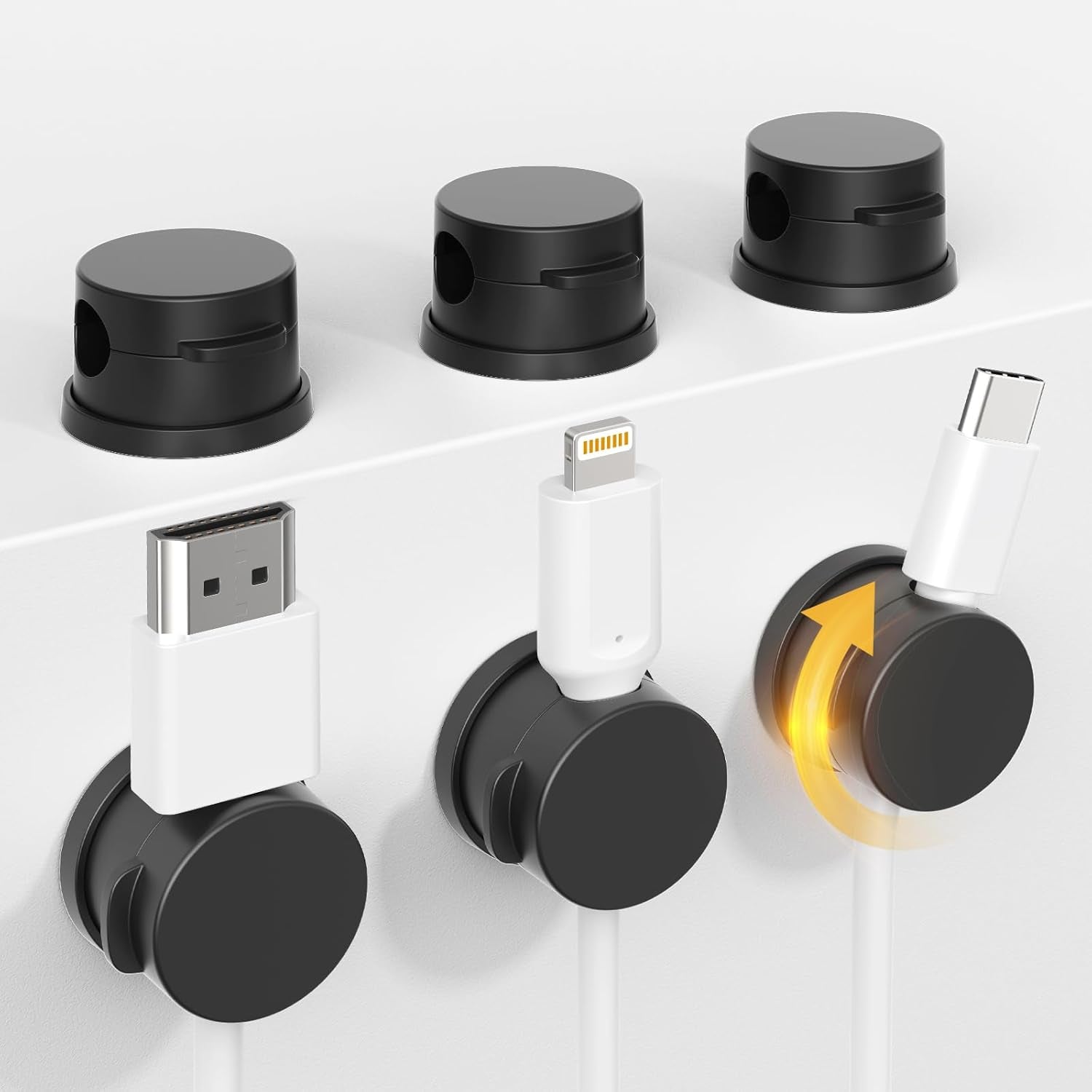 Magnetic Swivel Cord Organizer (6 Pack) - 360° Rotating Cable Management Clips for Desk, Nightstand & Car, Adhesive Wire Holder for USB & Charger Cords, White