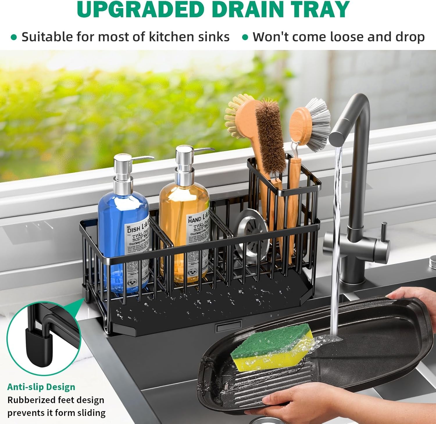 Extra Large 11” Sink Caddy with Drain Tray, Non-Slip Kitchen Sink Organizer with Adjustable Dividers & Tall Brush Holder, Rustproof Sponge & Soap Storage