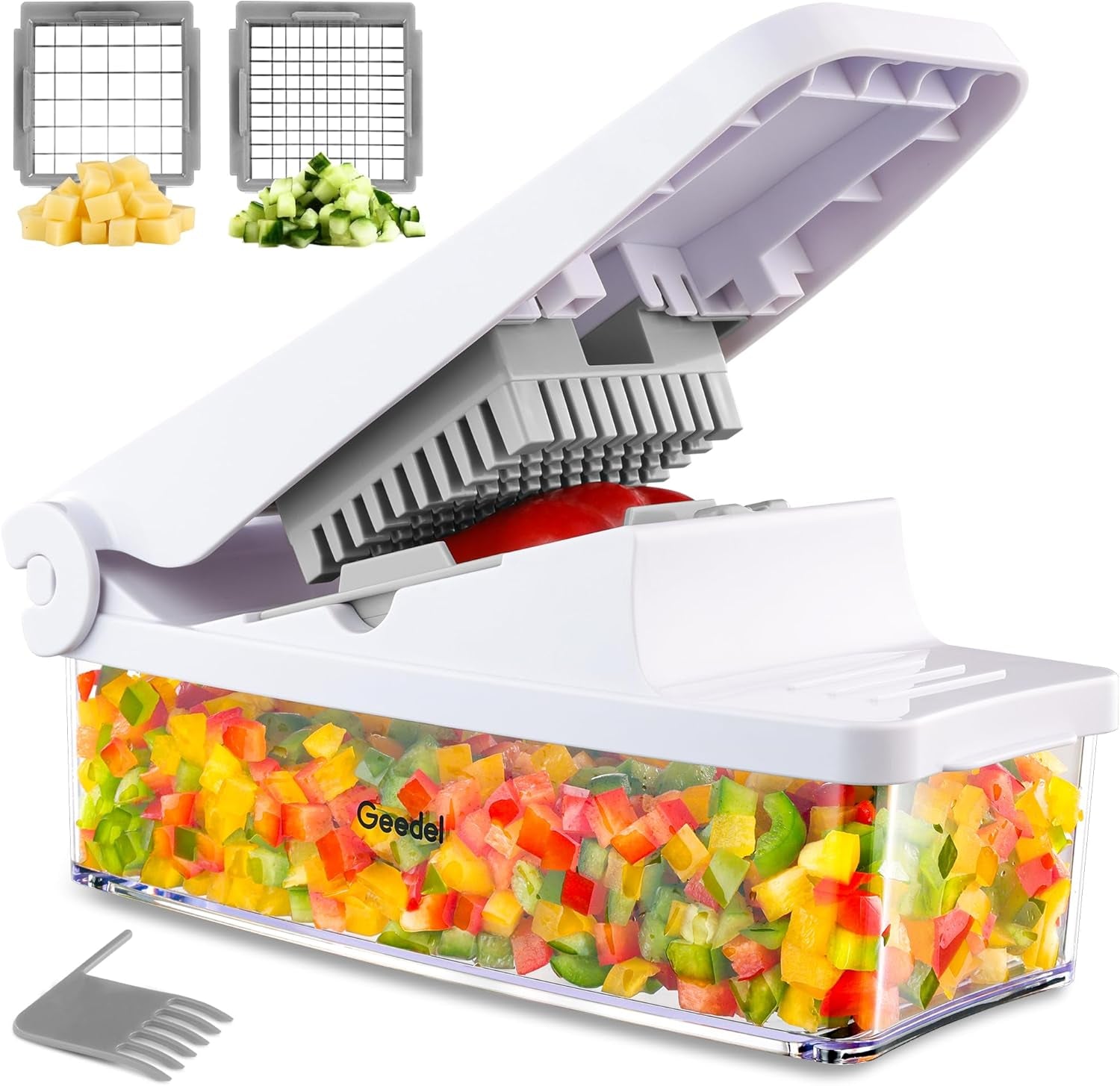 4-in-1 Vegetable Chopper Pro - Onion Dicer & Kitchen Slicer with 1.2L Container, Stainless Steel Manual Food Cutter for Salad, Potato & Carrot, BPA-Free, White