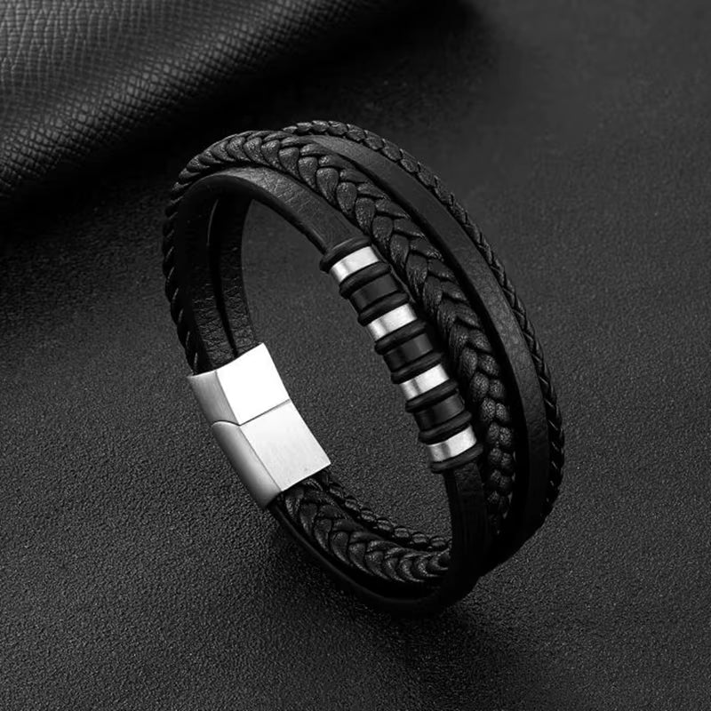 Men’s Classic Multilayer Leather Bracelet – Stylish Braided Wristband with Metal Magnetic Clasp | Fashion Accessory & Gift for Modern Gentlemen