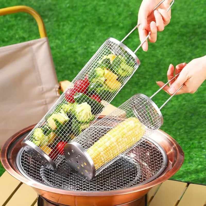 Portable Stainless Steel BBQ Grill Basket – Rolling Campfire Barbecue Cage for Outdoor Cooking, Camping, Picnic & Backyard BBQ