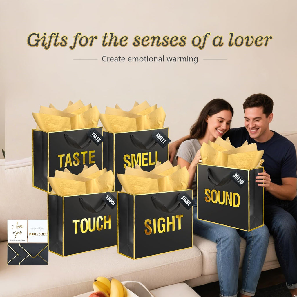 Large 5 Senses Gift Bag Set - Gold Foil Black Gift Boxes with Labels, Cards & Tissue Paper, Romantic Anniversary & Birthday Gift Idea for Him or Her, 12x10x4"
