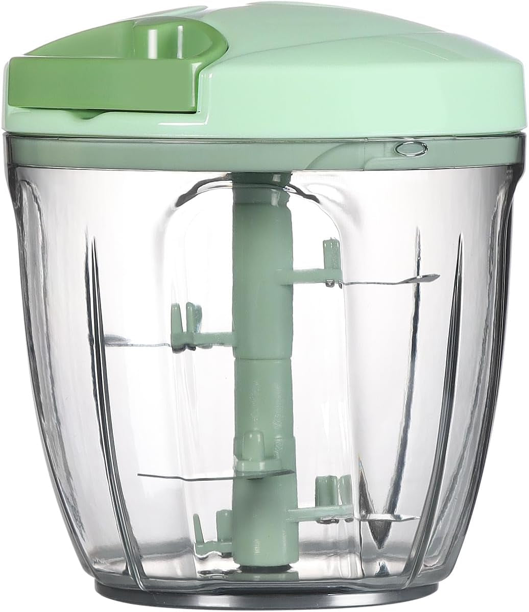 Manual Food Processor & Veggie Chopper - 650ml Hand Pull String Garlic Mincer, Onion Cutter for Salsa & Pesto, Portable Vegetable Slicer for Camping & RV, Green