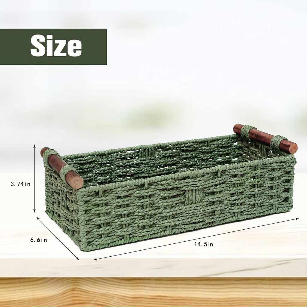 Handmade Round Paper Rope Storage Basket - Wicker Toilet Paper Holder for Tank Top, Decorative Green Woven Tray with Handles for Bathroom, Kitchen & Countertop