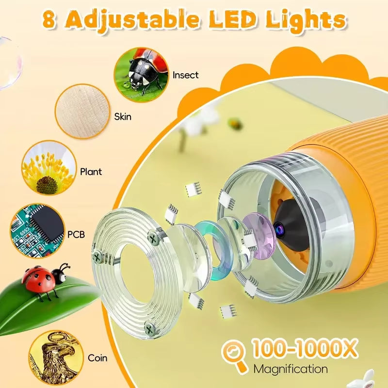 Kids Digital Microscope with HD Display Screen – 1000x Magnification, LED Light, Camera & Video Recorder | Educational Science Toy for Children’s STEM Learning (Yellow)